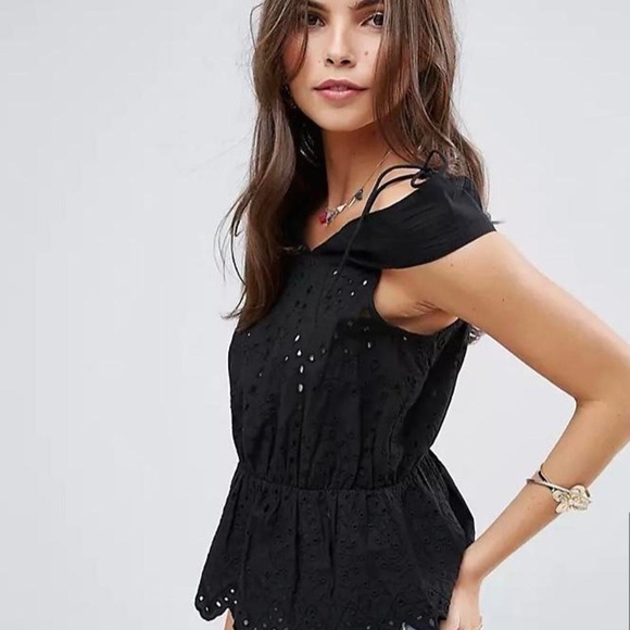 ASOS Broderie Anglaise Cold Shoulder Bardot Top With Tie Straps - Picture 1 of 5